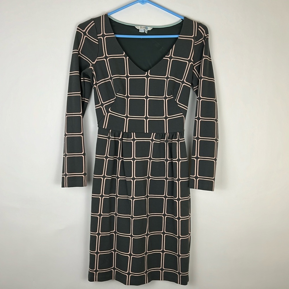 BODEN Eliza Ponte dress long sleeve in olive green and peach block desig…